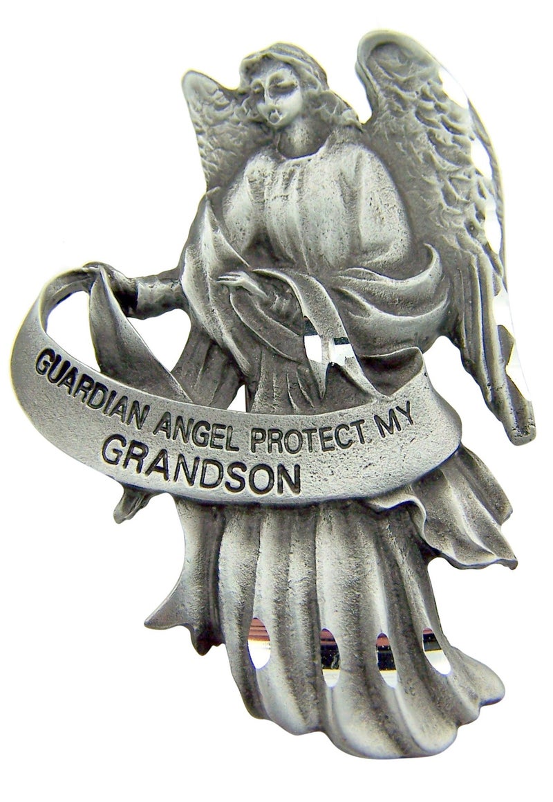 Religious Gift 2 1/2 Antique Finish Pewter Guardian Angel Protect My Grandson Auto Car Visor Clip Travel Protection